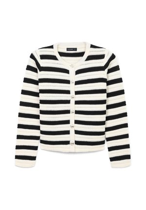 Cardigan a righe bianche e nere con chiusura a bottoni, scollo rotondo e texture a coste. Realizzato in tessuto a maglia.