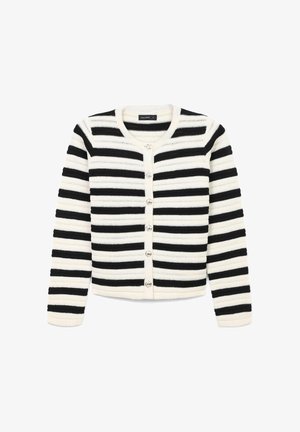 Cardigan a righe bianche e nere con chiusura a bottoni, scollo rotondo e texture a coste. Realizzato in tessuto a maglia.