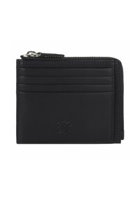 Schwarze Leder-Wallet mit Reißverschluss, mehreren Kartenfächern und geprägtem Logo; glatte Textur mit minimalistischen Design und Nähdetails.