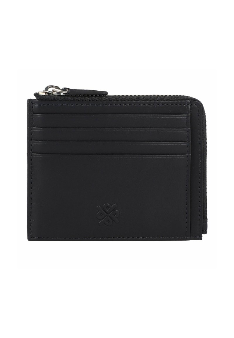 Schwarze Leder-Wallet mit Reißverschluss, mehreren Kartenfächern und geprägtem Logo; glatte Textur mit minimalistischen Design und Nähdetails.