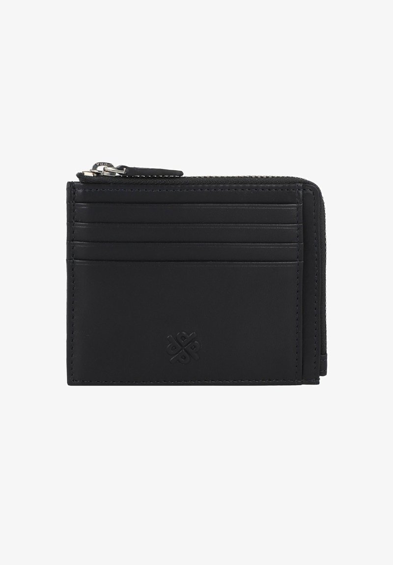 Schwarze Leder-Wallet mit Reißverschluss, mehreren Kartenfächern und geprägtem Logo; glatte Textur mit minimalistischen Design und Nähdetails.