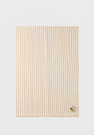 Ύφασμα με κάθετες ρίγες σε μπεζ και λευκό χρώμα, με μικρή μέλισσα και την κεντημένη λέξη "Weekend" σε μια γωνία.