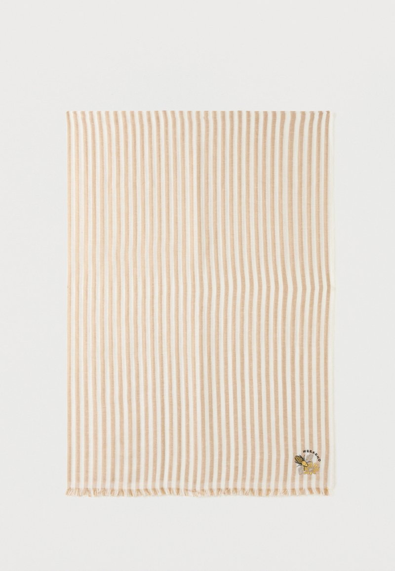 Ύφασμα με κάθετες ρίγες σε μπεζ και λευκό χρώμα, με μικρή μέλισσα και την κεντημένη λέξη "Weekend" σε μια γωνία.