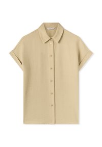 Camicia a maniche corte con colletto in tessuto beige. Presenta una chiusura frontale con bottoni composta da sei bottoni e una texture liscia e leggera.