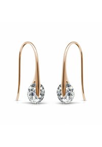 Orecchini in oro rosa con un design a gancio curvo, caratterizzati da pietre rotonde simili a diamanti, trasparenti alla base, che riflettono la luce con un luccichio.