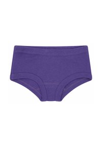 Mutande boyshort in cotone viola con una texture liscia, vita elastica e dettagli cuciti lungo i bordi.