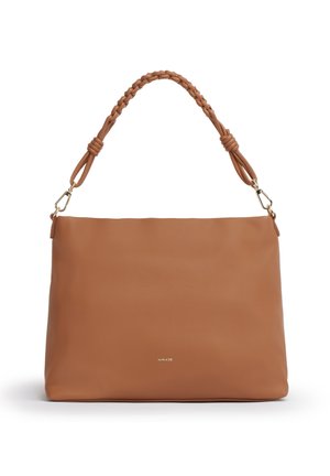 Borsa in pelle marrone con manico intrecciato e fermagli dorati, forma rettangolare e piccolo logo del marchio dorato centrato vicino al fondo.