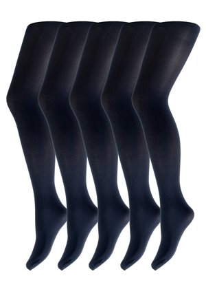 Fem par mørk navy opaque tights med en glat tekstur og sømløs design, der har en ankel-længde og forstærket tå.