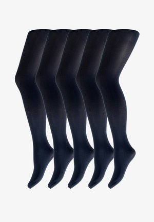 Fem par mørk navy opaque tights med en glat tekstur og sømløs design, der har en ankel-længde og forstærket tå.