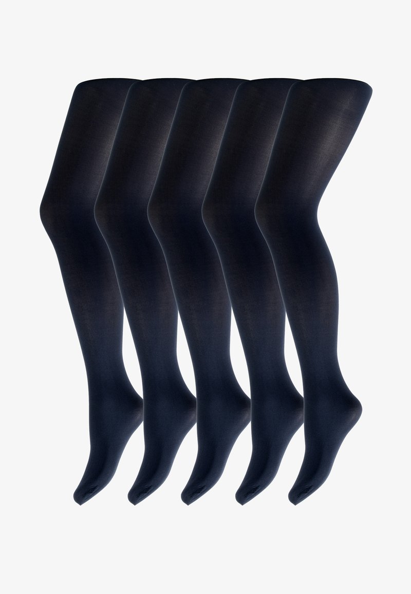 Fem par mørk navy opaque tights med en glat tekstur og sømløs design, der har en ankel-længde og forstærket tå.