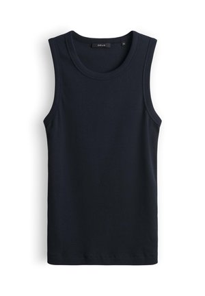 Mouwloos zwart geribd tanktop met ronde hals, maat 36, plat liggend op een witte achtergrond.