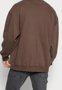 Felpa marrone oversize con maniche lunghe, polsini e orlo a coste, realizzata in tessuto morbido, caratterizzata da un design semplice e pulito senza motivi.