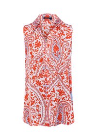 Ärmellose Bluse mit durchgehender Knopfleiste, die ein rotes und blaues Paisleymuster auf weißem Grund zeigt. Weicher Stoff, strukturierter Kragen.