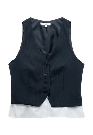Gilet à rayures bleu foncé avec cinq boutons noirs, design en V, côtés ouverts et doublure blanche visible au niveau de l'ourlet.