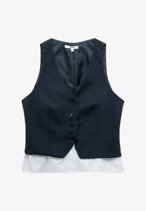Tummansininen raidoitettu liivi, jossa on viisi mustaa nappia, V-mallinen kaula-aukko, avoimet sivut ja valkoinen vuori, joka näkyy helman kohdalla.