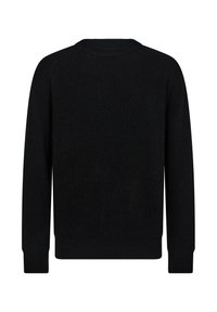 Sort ribbet trøje med rund halsudskæring og lange ærmer. Teksturstof med et subtilt mønster, velegnet til lag-på-lag styling.