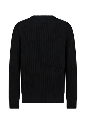 Schwarzer gerippter Pullover mit Rundhalsausschnitt und langen Ärmeln. Strukturierter Stoff mit dezentem Muster, ideal zum Lagenlook.