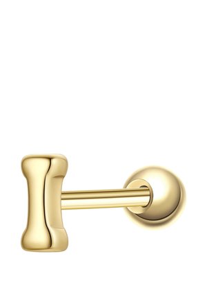 Poignée de porte en or poli avec levier cylindrique et plaque de base arrondie montée sur fond blanc.