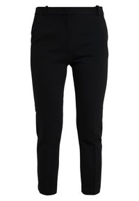 Svarta skräddarsydda byxor i mjukt tyg, med rak skärning, sidofickor och en diskret dragkedja för stängning.