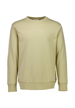 Sudadera verde claro con cuello redondo, mangas largas, puños y dobladillo acanalados; presenta el logotipo "LINDBERGH" en texto blanco bordado en el frente.