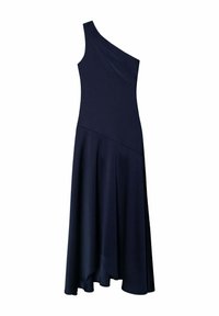 Robe bleu marine à une épaule avec un corsage ajusté, jupe évasée et design drapé, fabriquée à partir d'un tissu lisse et léger.