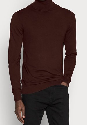 Maglione a collo alto marrone realizzato in morbido tessuto a maglia, con maniche lunghe e polsini a costine, abbinato a pantaloni scuri.