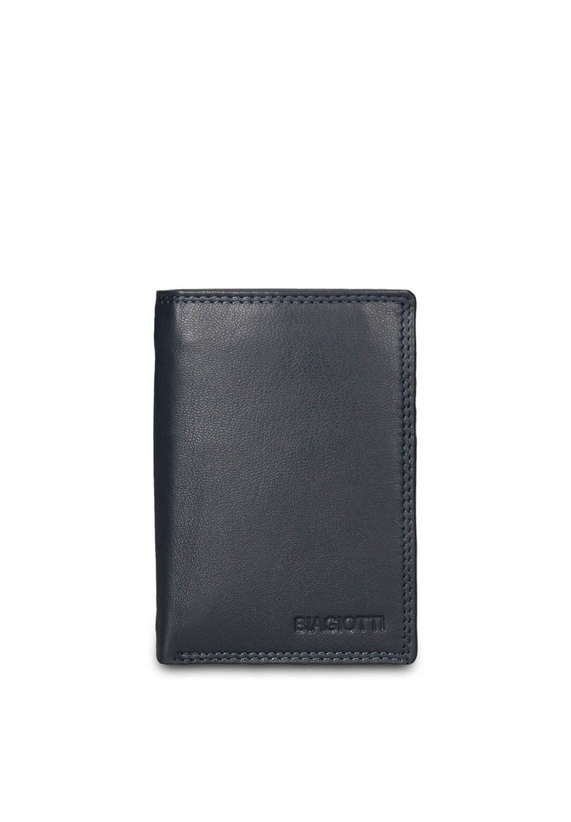 Portafoglio in pelle blu scuro con una forma rettangolare elegante, cuciture visibili e un logo impresso in rilievo sulla parte anteriore inferiore.