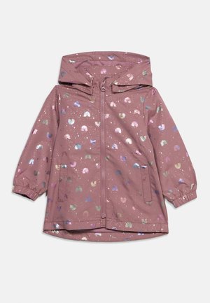 Veste à capuche mauve pour enfant avec fermeture éclair, poignets élastiques, deux poches et motifs métalliques multicolores d'arcs-en-ciel et d'étoiles.