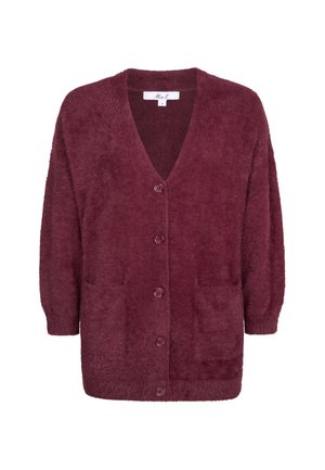 Zachte, pluizige bordeaux rode cardigan met lange mouwen, V-hals, knopen aan de voorkant en twee voorzakken.