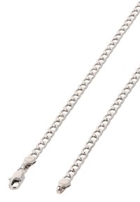 Sølvmetal kæde med sammenkoblede led og en glat overflade. Har en robust katteklap i begge ender til fastgørelse.