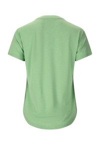 T-shirt manches courtes, vert clair, col rond, vu de dos avec un ourlet légèrement arrondi.