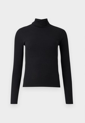 Svart ribbestrikket turtleneck genser med lange ermer, tettsittende design, glatt tekstur og høy krage. Ingen synlige mønstre eller utsmykninger.