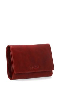 Red leather wallet with a smooth texture, rectangular shape, and a flap closure. Features embossed brand logo on the front. Compact design.