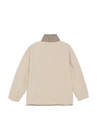 Beige fleece jacket with a brown collar, featuring a relaxed fit, elasticated cuffs, and minimalist design with no visible fasteners.