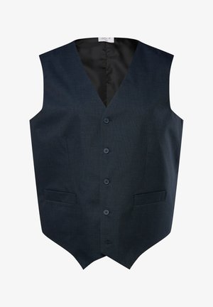 Gilet blu scuro con scollo a V, cinque bottoni frontali e due tasche laterali. Tessuto liscio e vestibilità su misura, con un motivo uniforme.