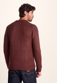 Brown knit sweater with a crew neckline, textured finish, and ribbed cuffs. Worn with dark jeans, showing a casual style from the back.