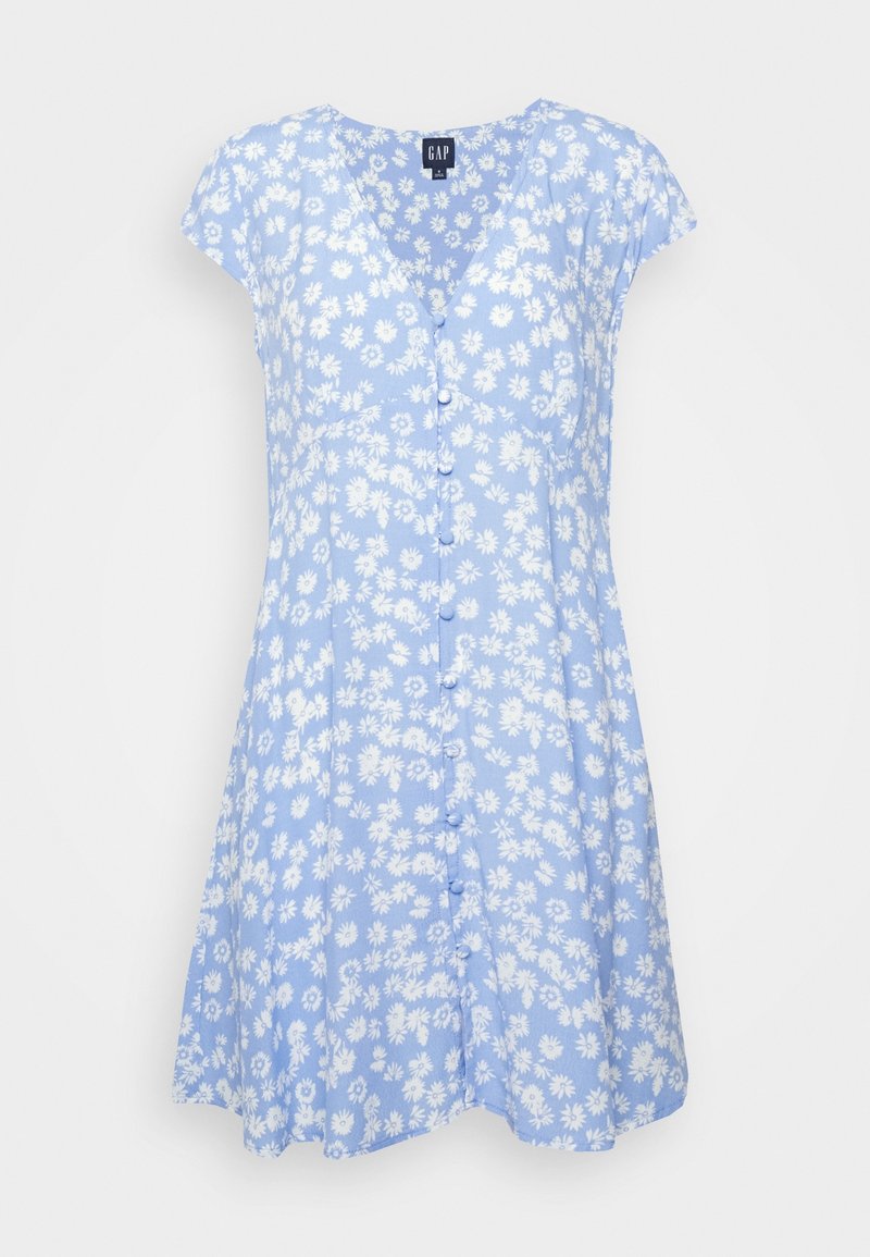 Robe bleu clair à manches courtes avec imprimé floral de marguerites blanches et fermeture boutonnée devant, étiquetée GAP, présentée sur fond blanc uni.
