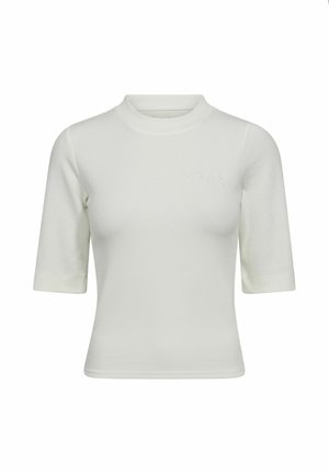 T-shirt blanc à côtes avec un col montant et des manches courtes. Présente un texte brodé "COPENHAGEN" sur la partie gauche de la poitrine.