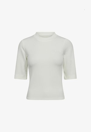 Camiseta blanca acanalada con cuello alto y mangas cortas. Presenta un texto bordado "COPENHAGEN" en la zona izquierda del pecho.