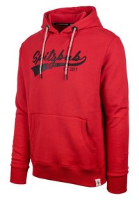 Sudadera con capucha roja fabricada en mezcla de algodón, con un bolsillo frontal, letras negras y cordones de contraste con un acabado texturizado.