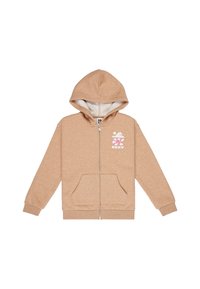 Sudadera con capucha y cremallera en tejido beige claro. Presenta un bolsillo frontal y un diseño floral en rosa en la parte izquierda del pecho.