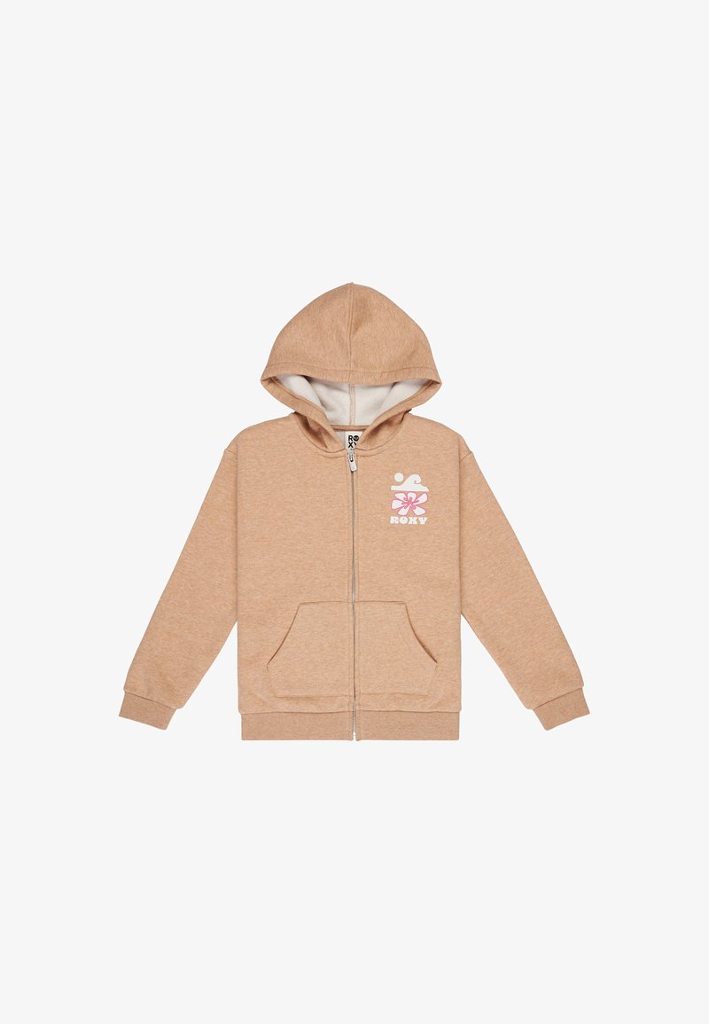 Sudadera con capucha y cremallera en tejido beige claro. Presenta un bolsillo frontal y un diseño floral en rosa en la parte izquierda del pecho.