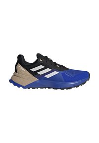 Chaussures de trail de course noires et bleues avec une tige en mesh, une semelle en caoutchouc et des accents de talon marron clair. Présente trois rayures blanches.