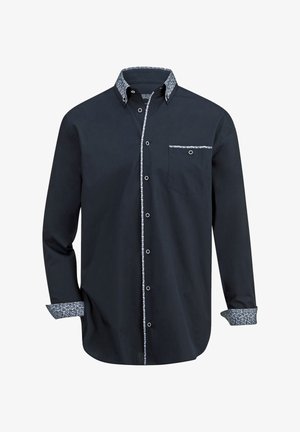 Herren Langarmhemd aus dunkelblauem Baumwollstoff. Verfügt über einen gemusterten Kragen und Manschetten, eine Brusttasche und weiße Knöpfe entlang der Knopfleiste.