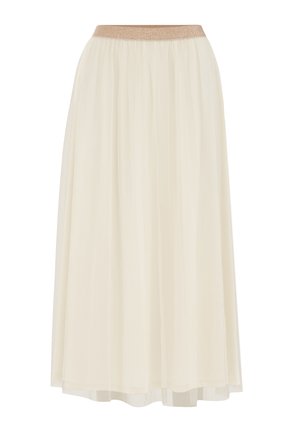 Long, flowing skirt in cream with a glittery beige waistband. Made of lightweight, sheer fabric with a soft texture and layered design.