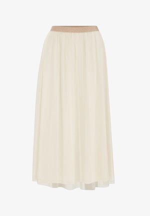 Lange, vloeiende rok in ecru met een glinsterende beige tailleband. Gemaakt van lichtgewicht, doorschijnende stof met een zachte textuur en gelaagde ontwerp.