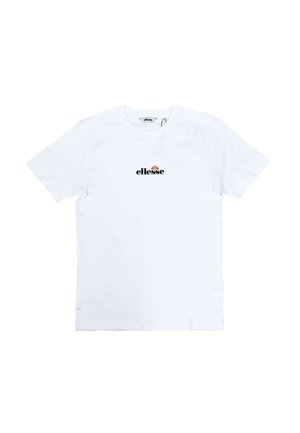 Maglietta bianca a maniche corte con scollo rotondo e piccolo logo nero "ellesse" centrato sul petto con un semicerchio rosso sopra il testo.