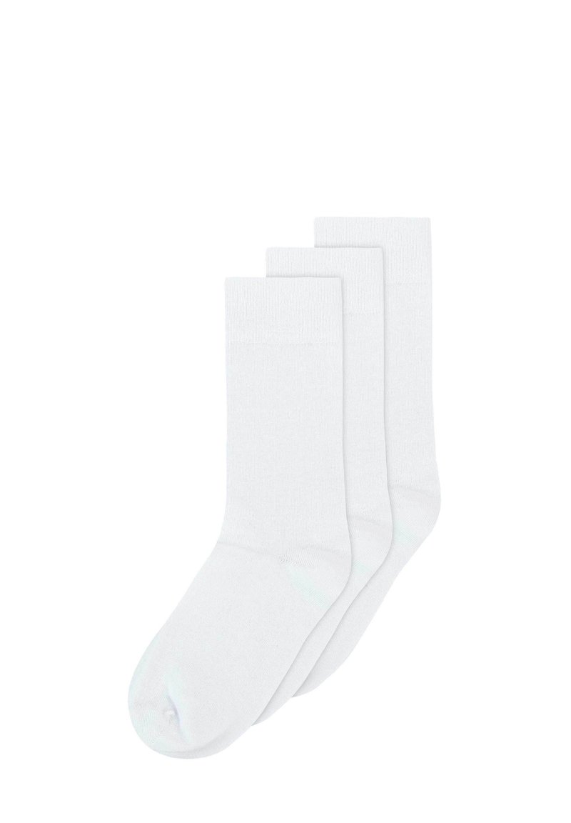Drei Paare weißer Socken aus einem weichen, glatten Stoff, mit einem einfarbigen Design, in Standard-Höhe und verstärktem Zehenbereich.