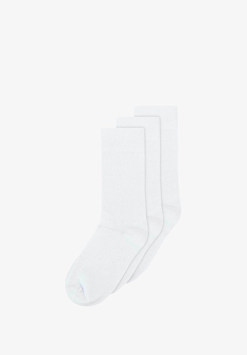 Drei Paare weißer Socken aus einem weichen, glatten Stoff, mit einem einfarbigen Design, in Standard-Höhe und verstärktem Zehenbereich.