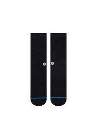 Schwarze Baumwollsocken mit einem einfarbigen Design, das einen hellblauen Streifen nahe dem Saum und ein kleines Logo an der Seite zeigt.